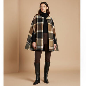 Rachel Roy Classic Fleece Plaid Cloak Sleeve Toggle Front Cape Coat Small Medium